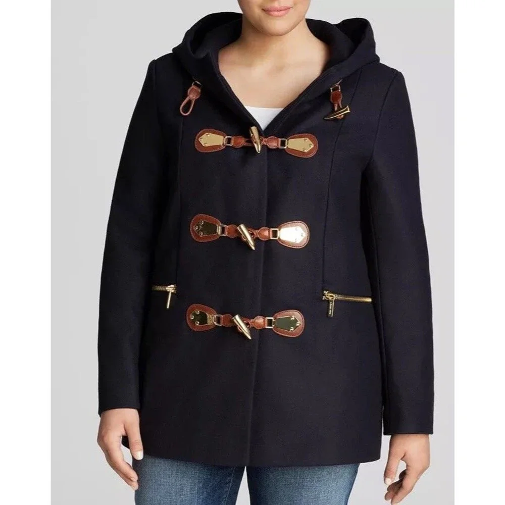 NEW Michael Kors Wool Hooded Duffle Coat Jacket Womens Small‎ Toggle Winter Blue